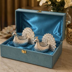 Silver Elegance Metal Peacock Candle Stand (SET OF 2 PCS)