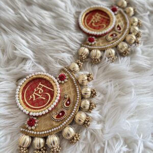 golden and red banarasi print shubh labh