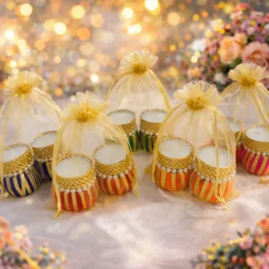 Dholak style tealight holders (2 pieces packed in a golden organza potli)