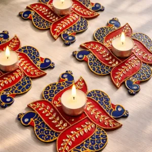 Wooden swastik peacock tealight holder (1 piece)