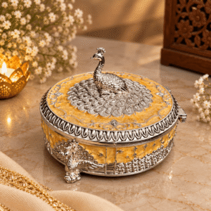 Royal Peacock German Silver Round Dry Fruit Box/Jewellery Box