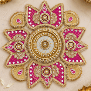 Pink & Gold Banarasi Wooden Fabric Rangoli