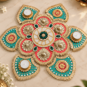 Teal & Pink Banarasi Fabric Rangoli